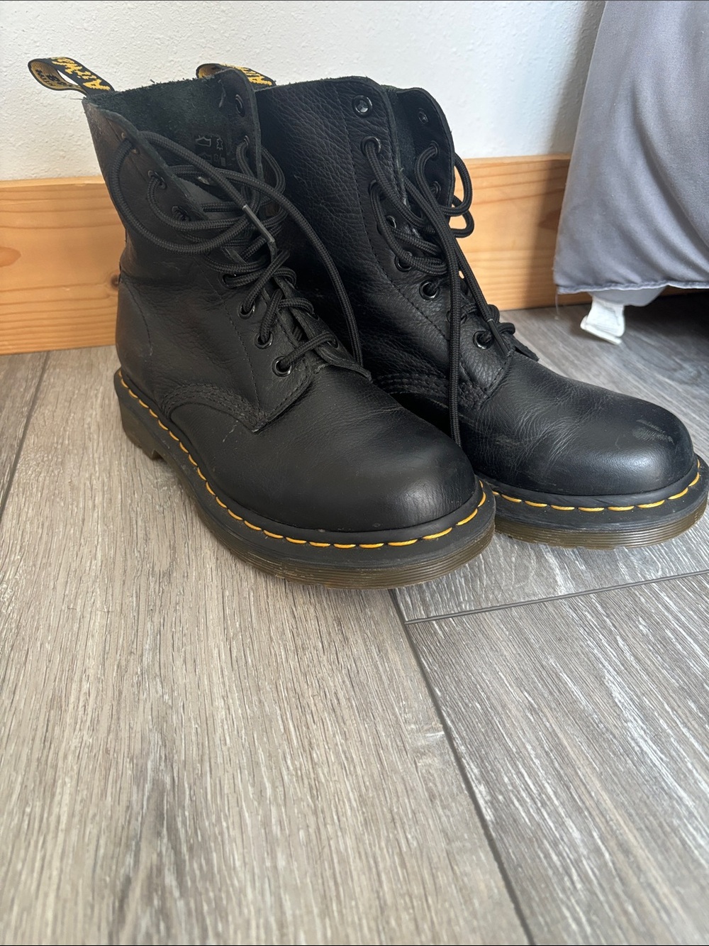Dr. Martens Black Leather Lace-Up Boots with Yellow Pull-Tab